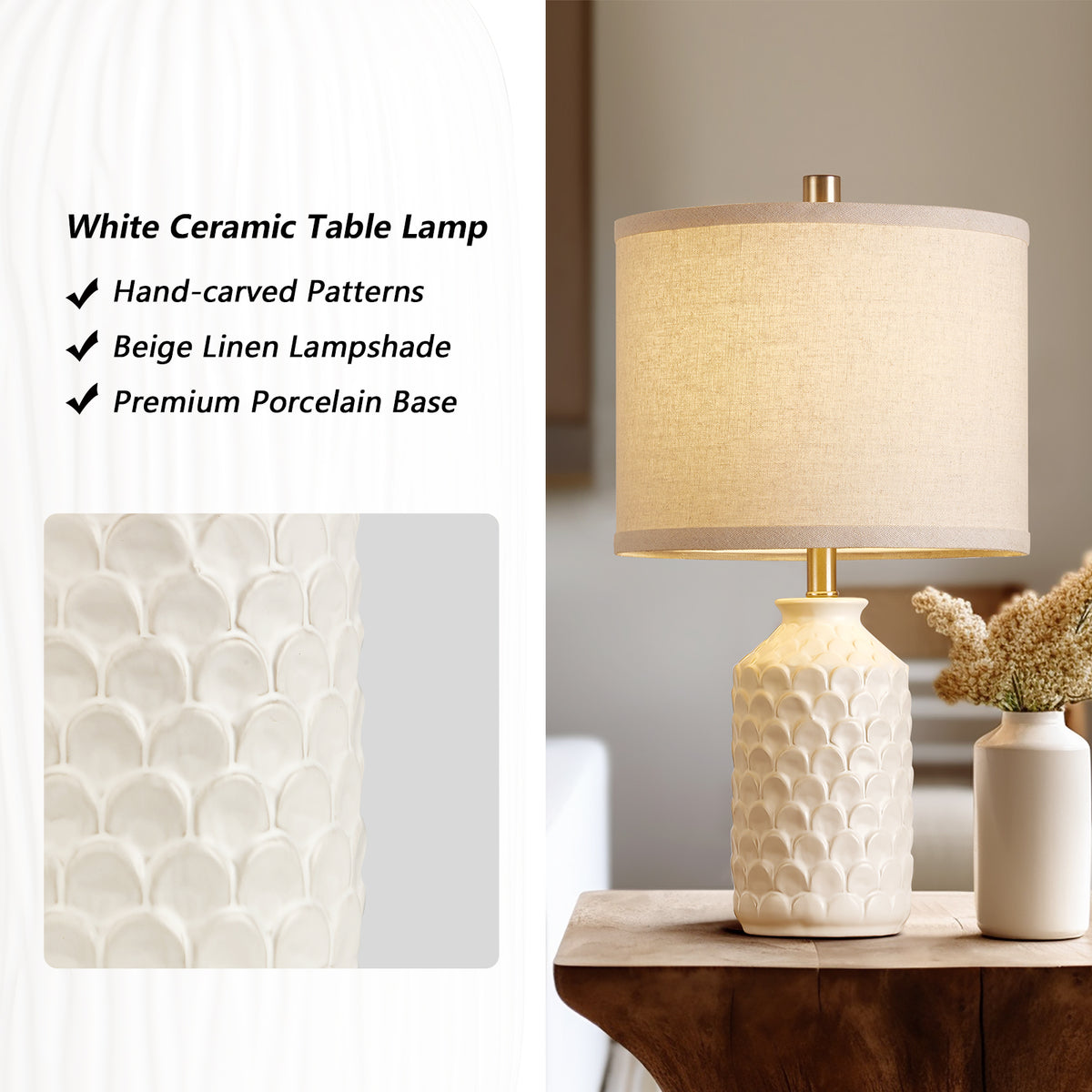 RORIA 21” Ceramic Table Lamps Set of 2,Modern White Bedside Lamps,for the Living Room or Bedroom Nightstands (Bulbs Included)