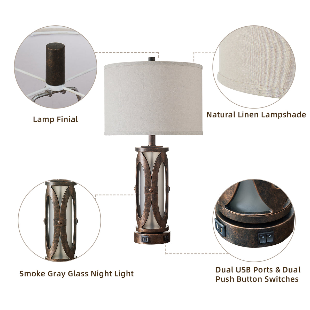 Rohopeto Modern Living room Table Lamps Set of 2 with 2 USB Ports Vintage Farmhouse Style 25"Bedside Nightstand Lamps Dual Switch Built-in Smoked Glass Nightlight for Bedroom Living Room（Bulbs Includ