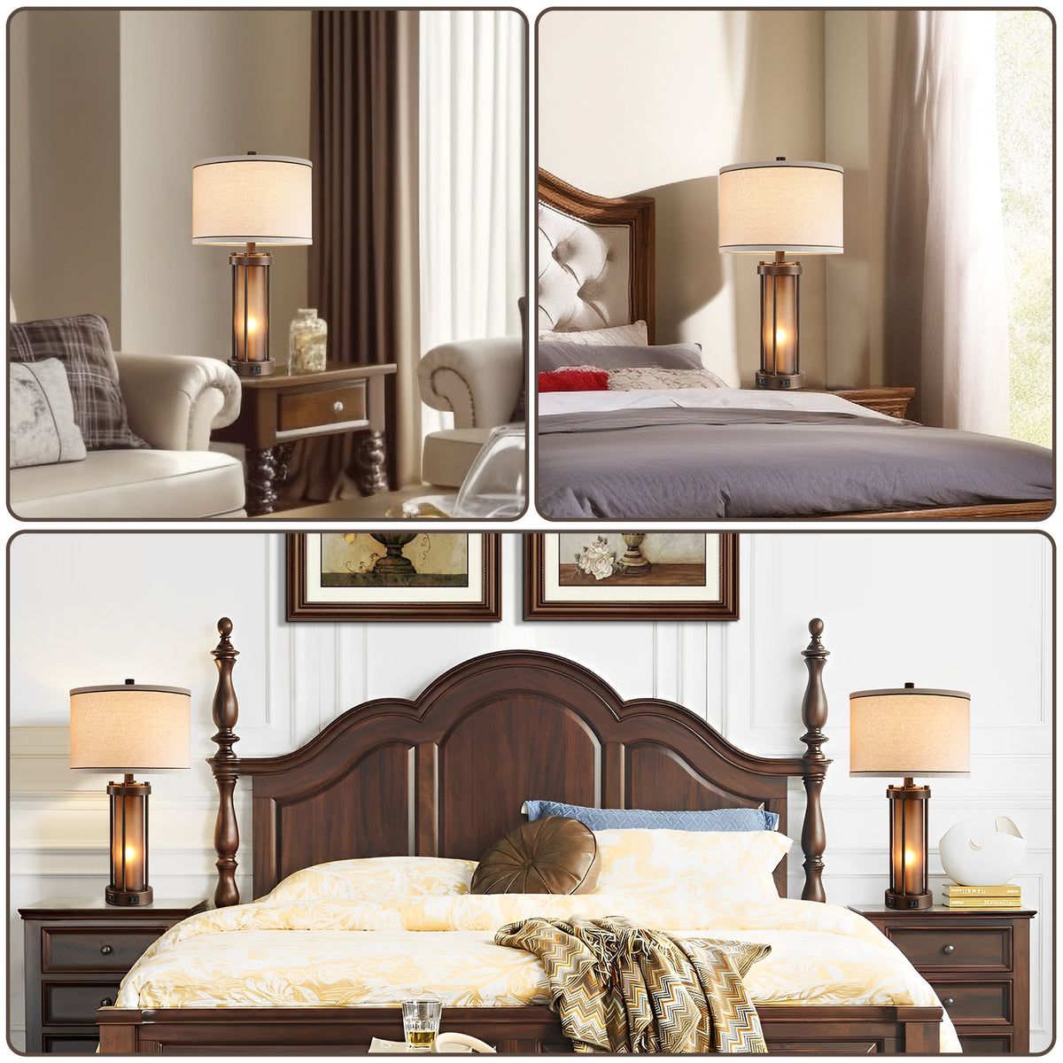 RORIA 24”Living Room Table Lamps Set of 2, Modern Farmhouse-Style Bedside Lamps, Featuring Dual USB-C&A Charging Ports and a Night Light Function, for Bedroom Nightstands