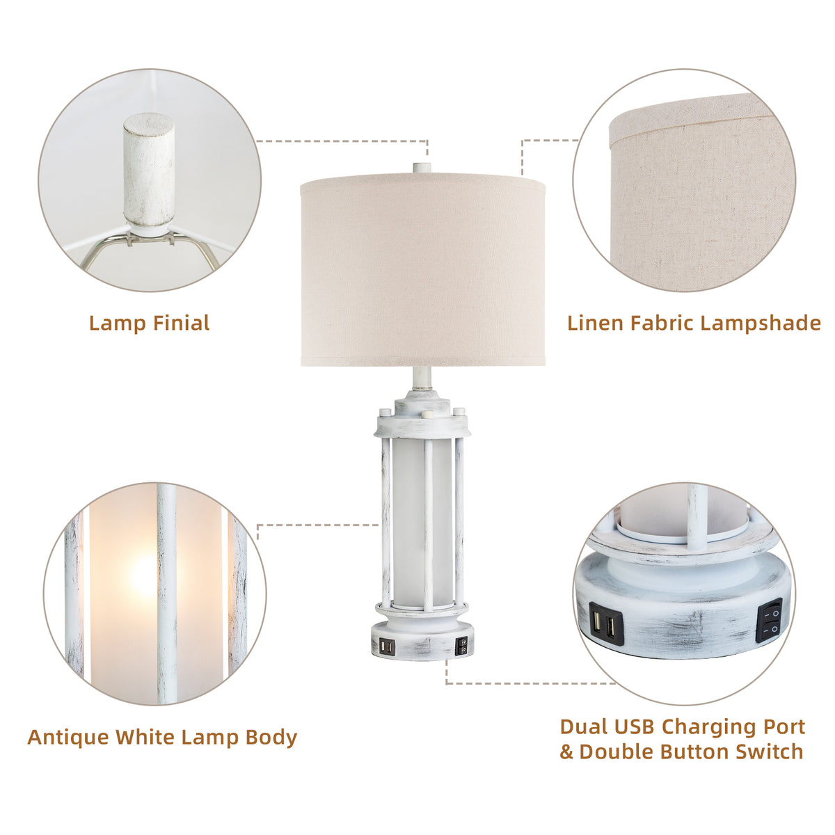 JUJUYUYOP 25"Modern Farmhouse-Style Living Room Table Lamps Set of 2, with Dual USB Charging Ports and Night Light, Ideal for Bedroom Nightstands and Entryways (Bulbs Included)