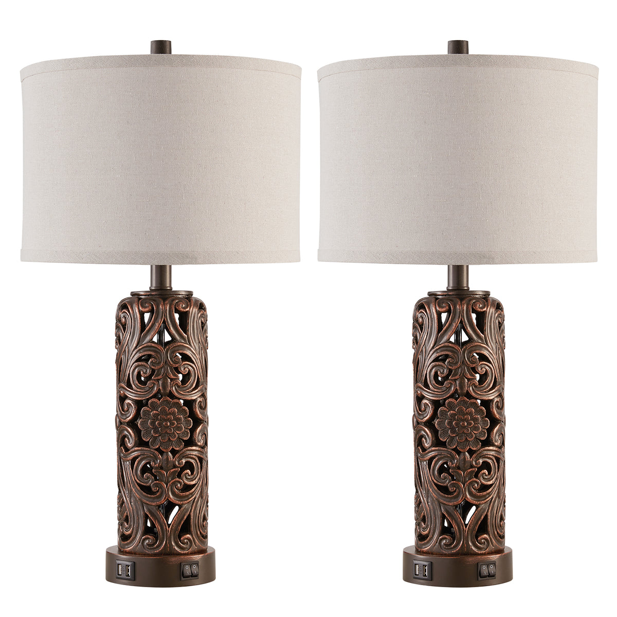 RORIA Set of 2 25" Farmhouse Table Lamps with USB-C&A Ports, Linen Shade, Hollow Resin Base with Independent Night Light, for Bedroom Living Room