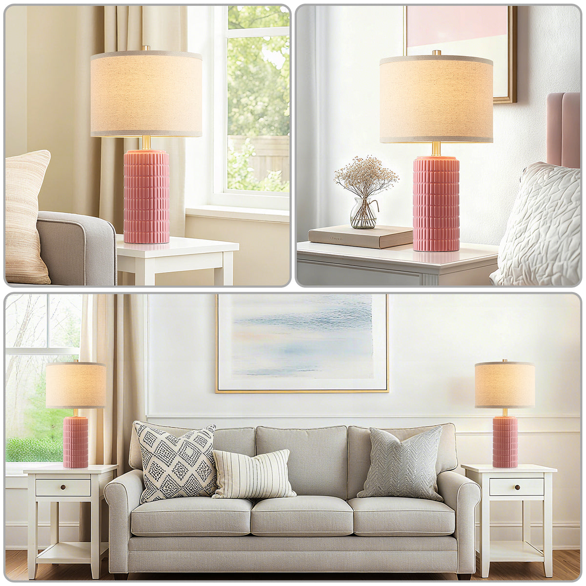 RORIA 23" Pink Ceramic Table Lamps Set of 2, with Linen Bell-Shaped Shade, Modern-Style Bedside Lamp, for Bedrooms and Living Room, Bulb Included
