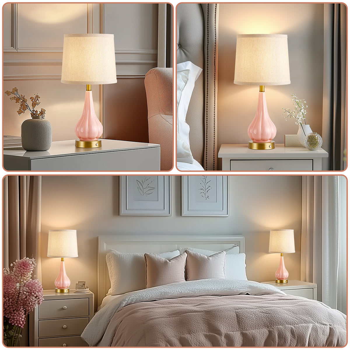 RORIA 18"Pink Ceramic Table Lamps Set of 2, Powered By a 5000mAh Rechargeable Battery, With Touch Controlled Dimming, Suitable for Living Rooms, Bedrooms, and Nightstands