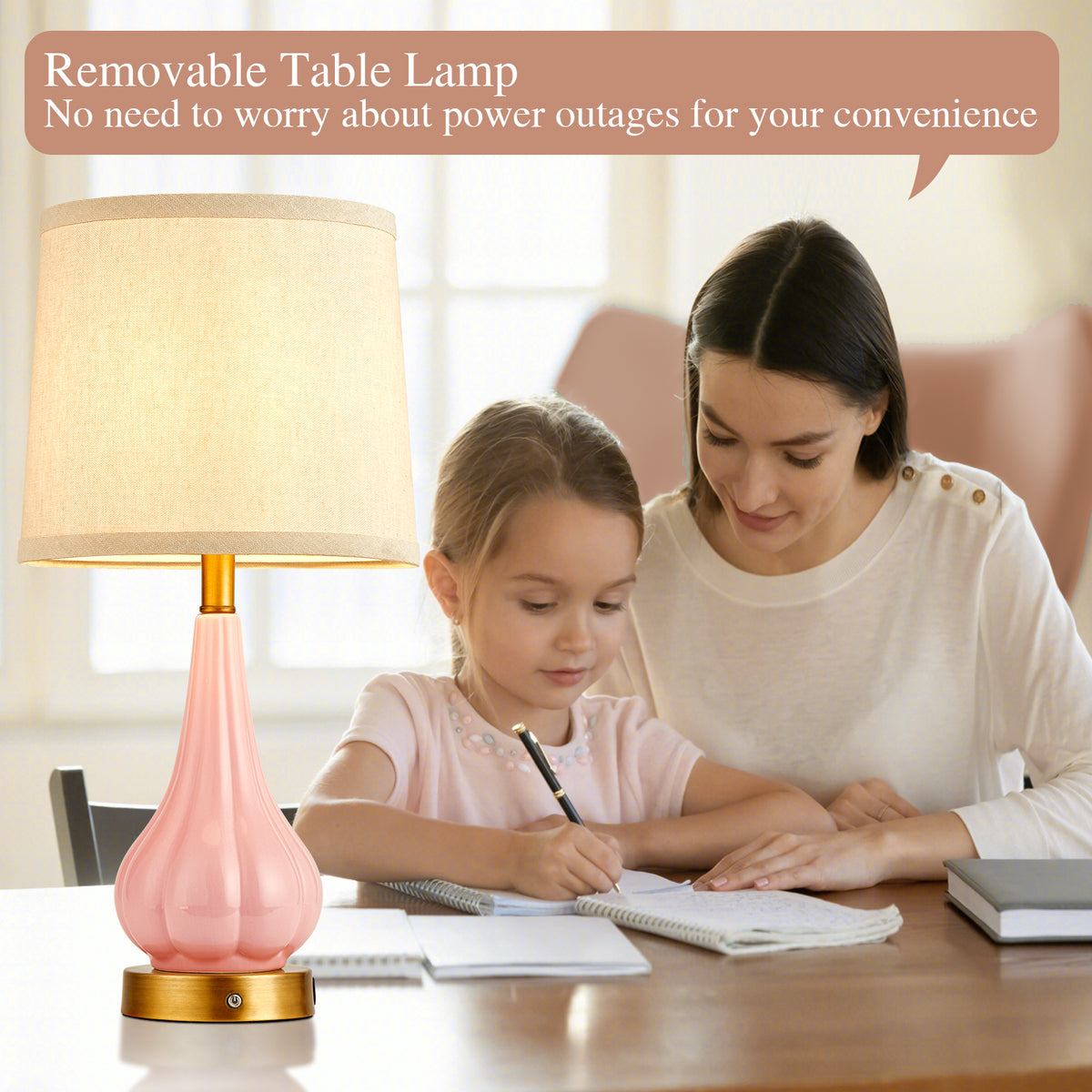 RORIA 18"Pink Ceramic Table Lamps Set of 2, Powered By a 5000mAh Rechargeable Battery, With Touch Controlled Dimming, Suitable for Living Rooms, Bedrooms, and Nightstands
