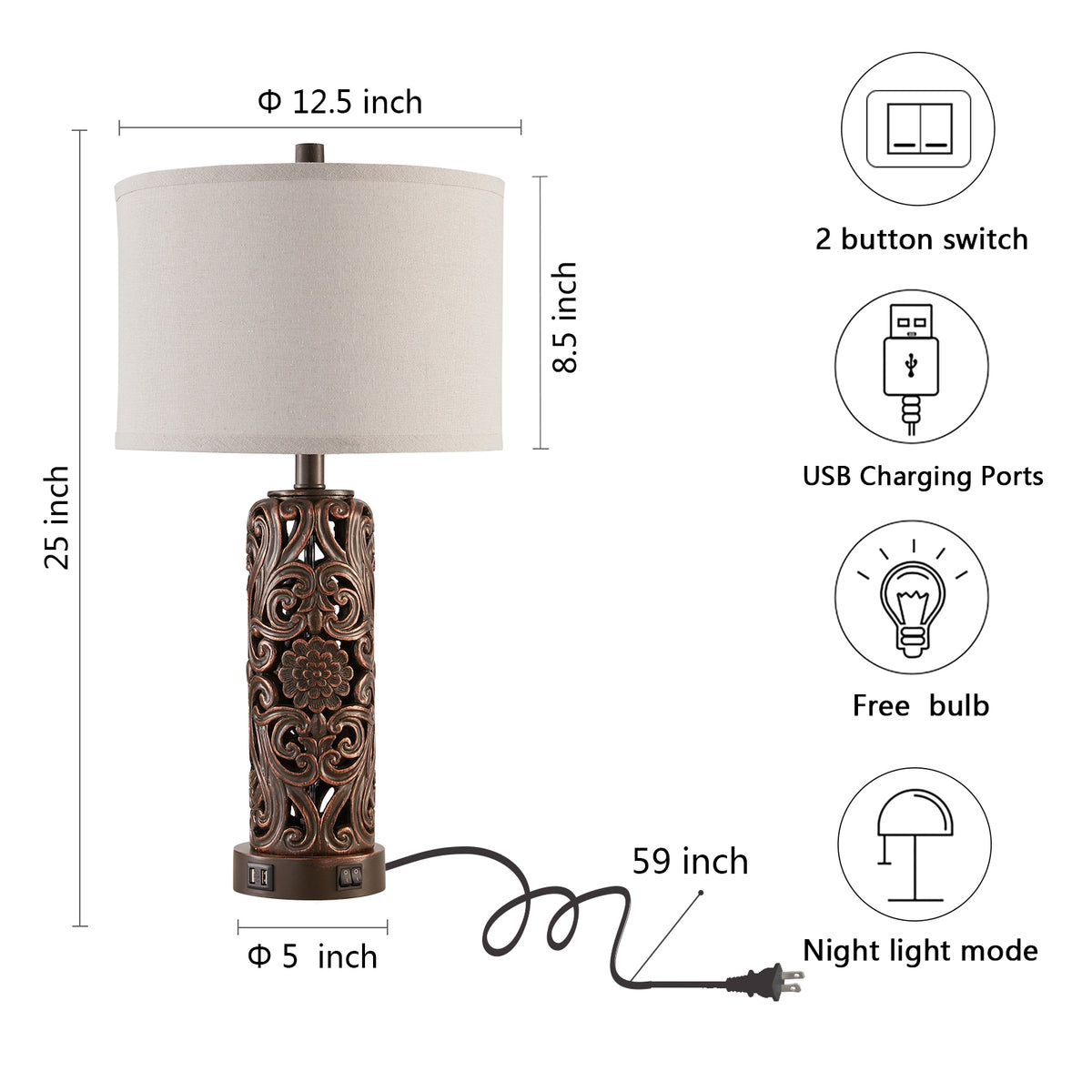 RORIA Set of 2 25" Farmhouse Table Lamps with USB-C&A Ports, Linen Shade, Hollow Resin Base with Independent Night Light, for Bedroom Living Room