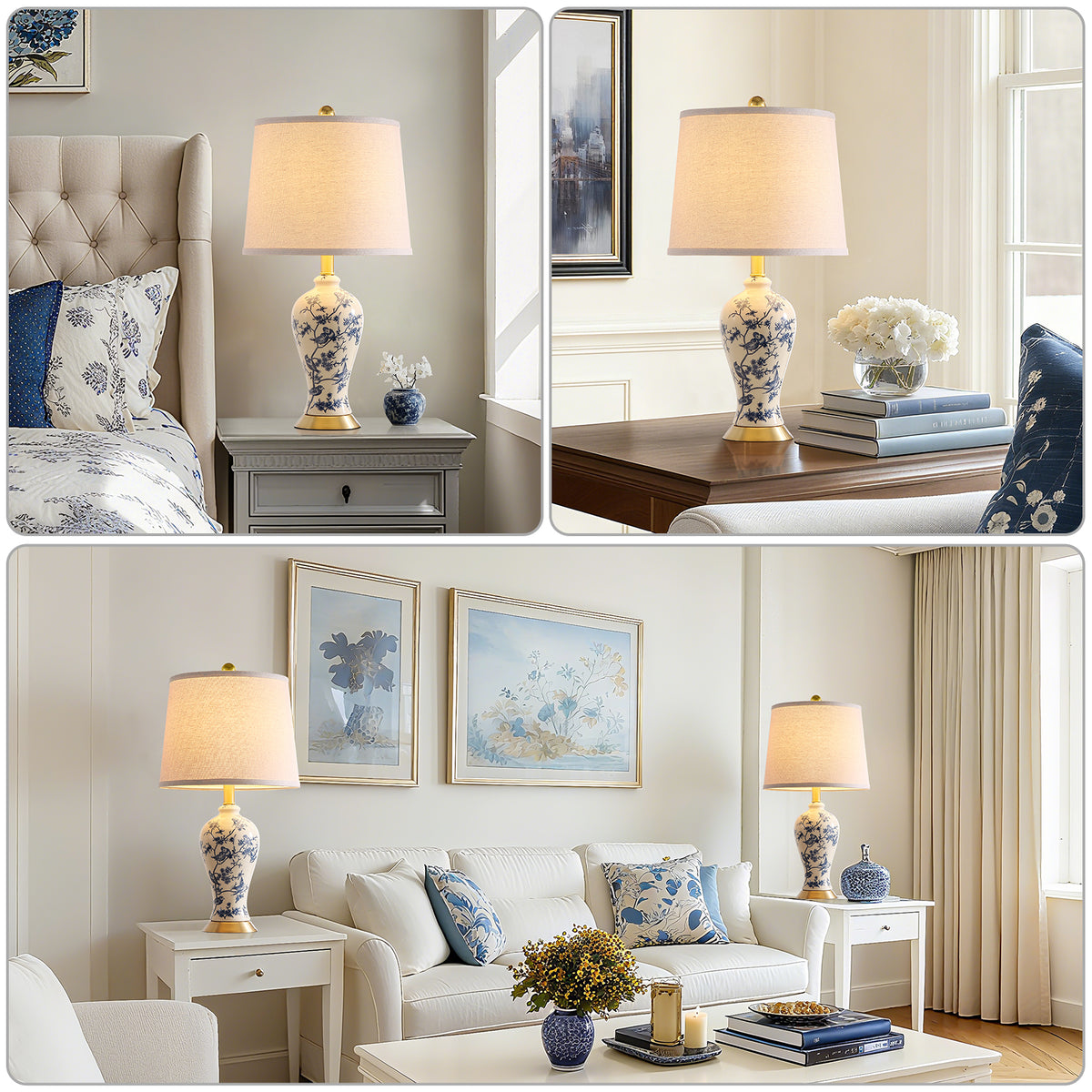 JUJUYUYOP 24"Traditional Chinese Blue-and-White Porcelain Table Lamps Set of 2, Suitable for Bedside Tables, Living Rooms, and Entryways (Bulb Included)