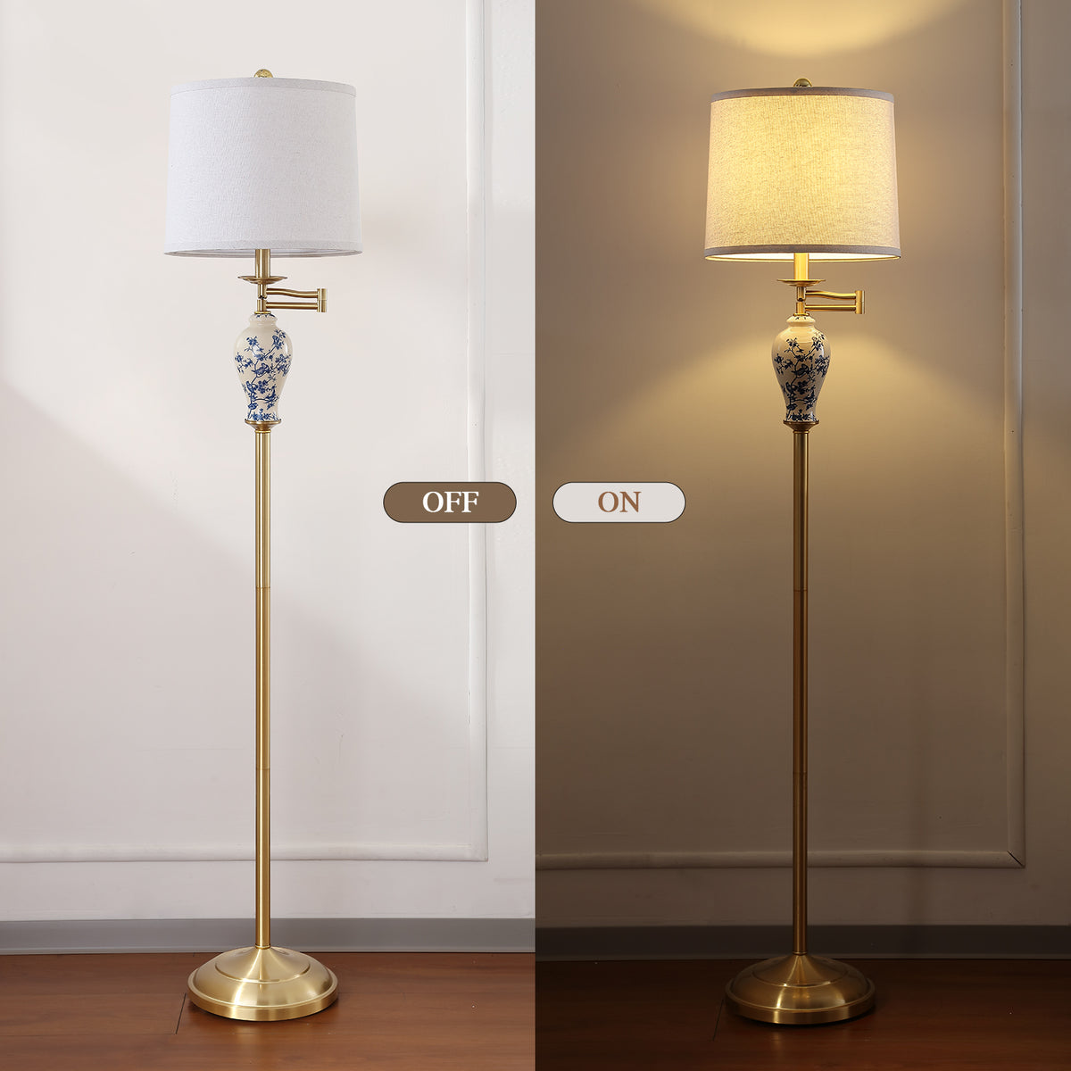 JUJUYUYOP 63" Floor lamp for the living room, with a 355° adjustable swivel arm and a linen shade; suitable for bedrooms, offices, and home offices (bulb included)
