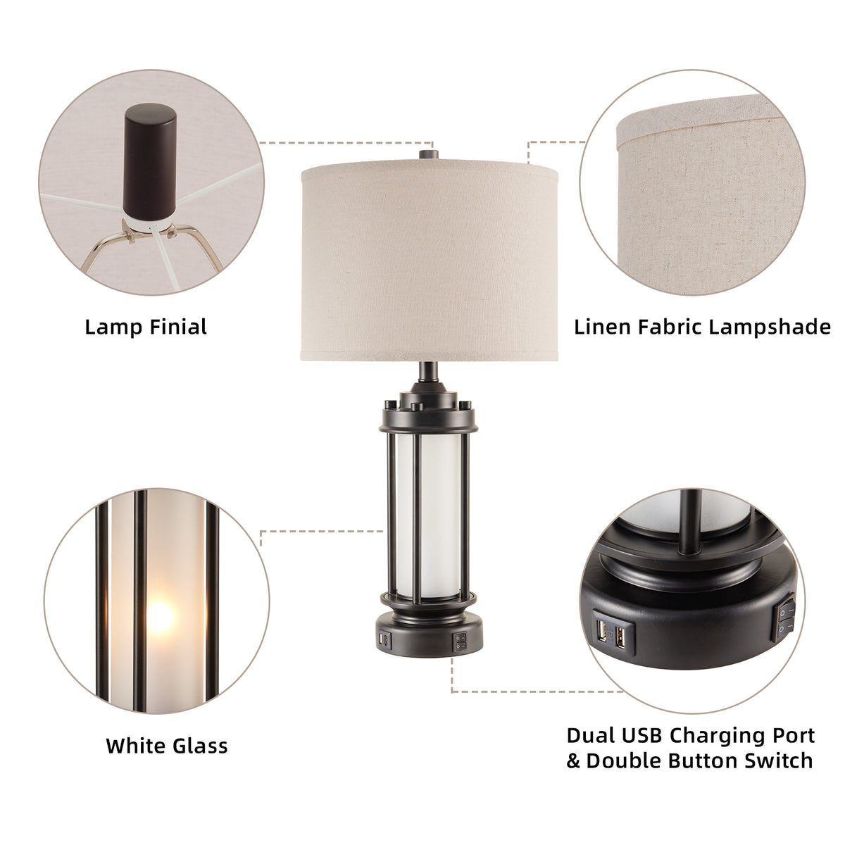 JUJUYUYOP 25" Rustic Living Room Farmhouse Table Lamp Set of 2, Featuring Dual Usb Charging Ports and Night Light Function, Ideal for Living Rooms or Bedside Tables in Bedrooms (Bulb Included)