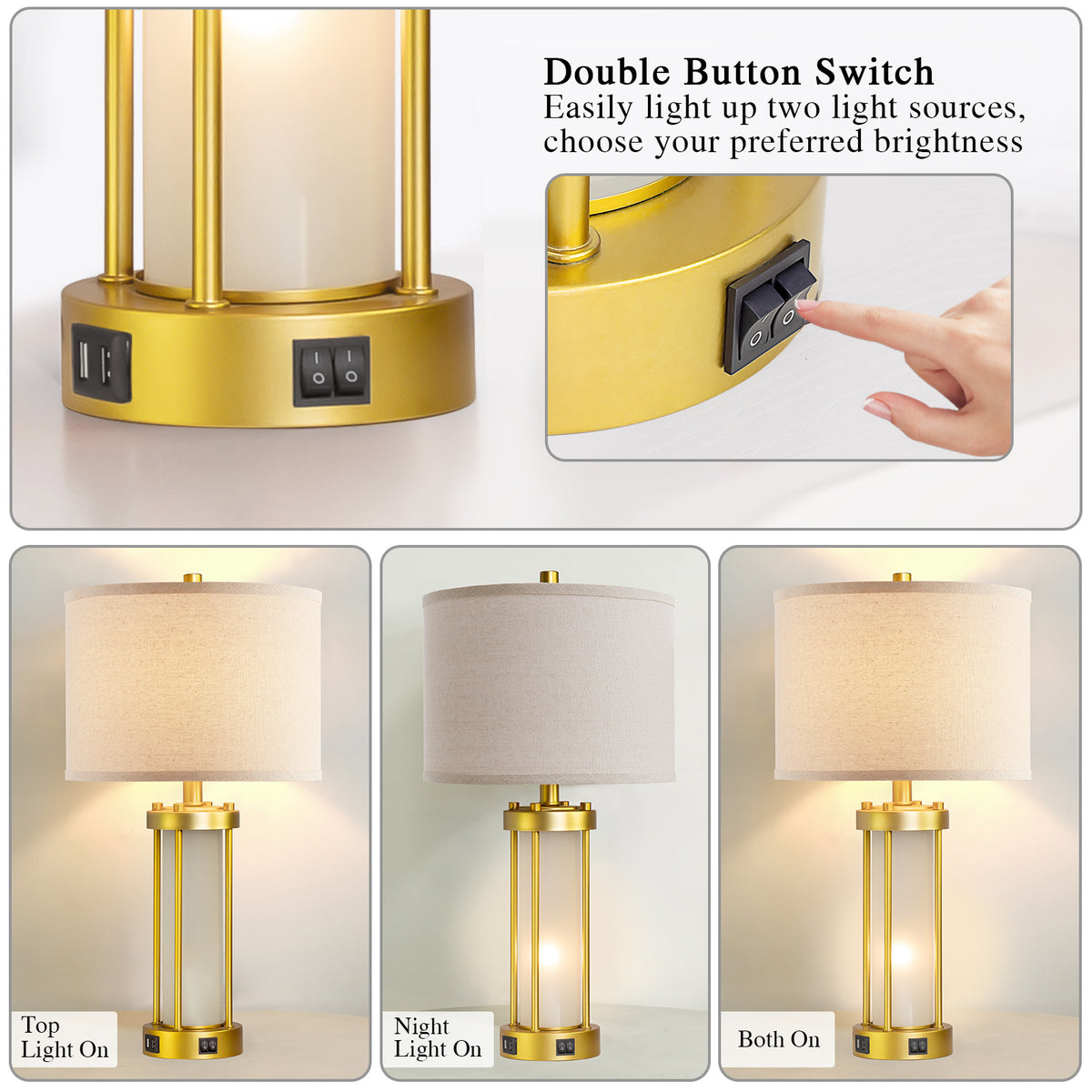 RORIA Set of 2 24" Gold Table Lamps with USB-C+A Ports, Metal & Glass Base with lndependent Night Light, for Bedroom Living Room