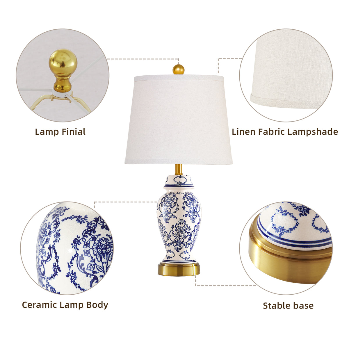 RORIA 22"Blue and White Ceramic Table Lamps Set of 2,Traditional Chinese-Style Bedside Lamps, for Living Room and Bedside Tables in Bedrooms