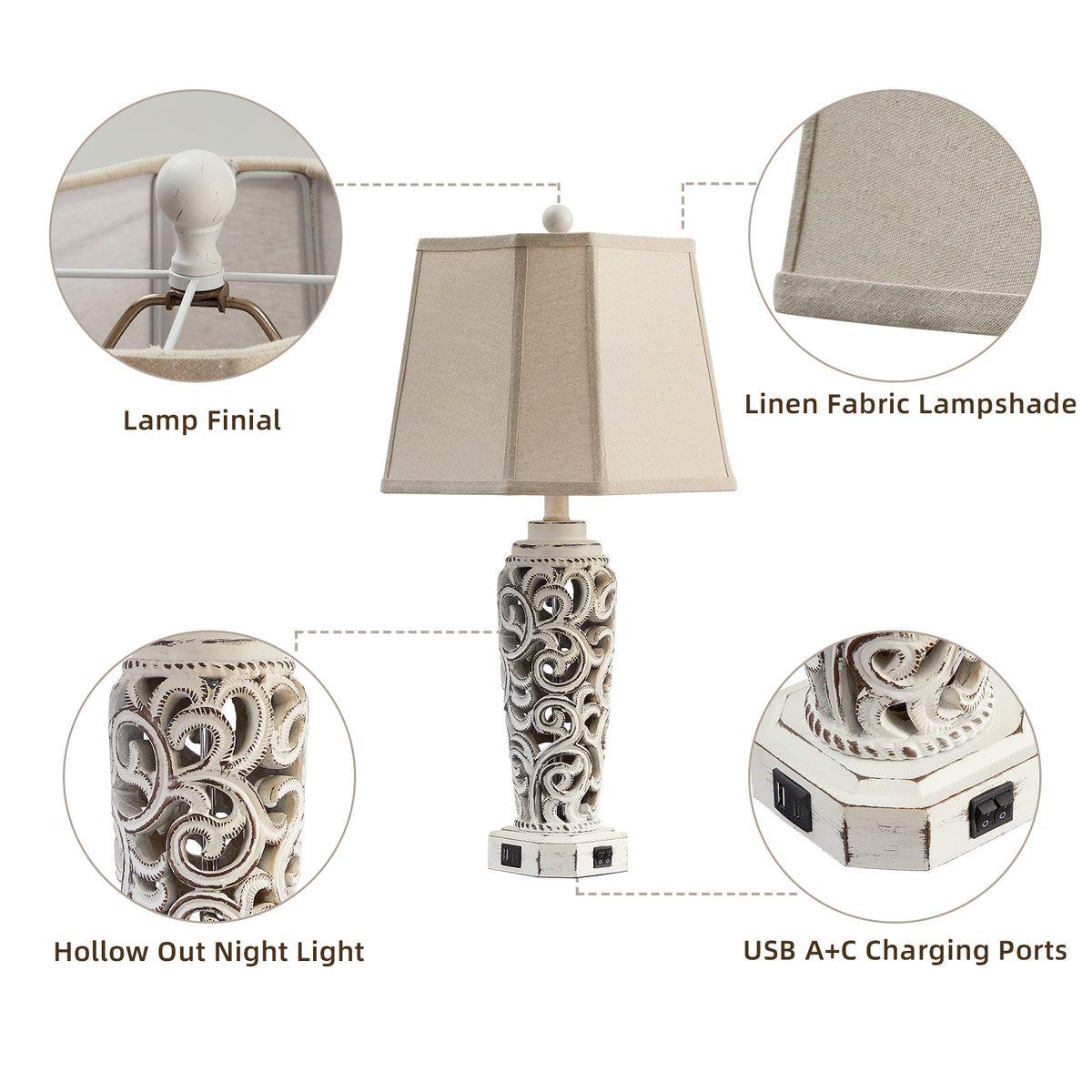 JUJUYUYOP 27" White Rustic Farmhouse Style Living Room Table Lamps Set of 2, Dual USB Charging Ports Ideal for Nightstands (Bulbs Included)