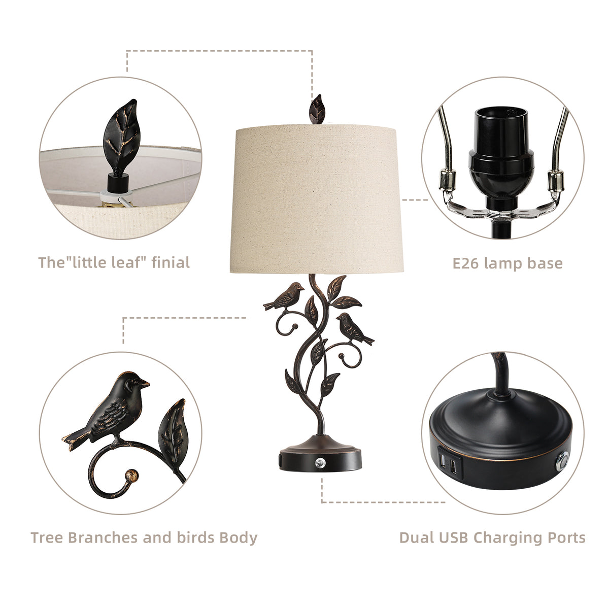 JUJUYUYOP 27"Three-Level Dimmable Touch-Control Table Lamps Set of 2, Features two USB charging ports，Rustic Farmhouse Style， for Living Room and Bedrooms