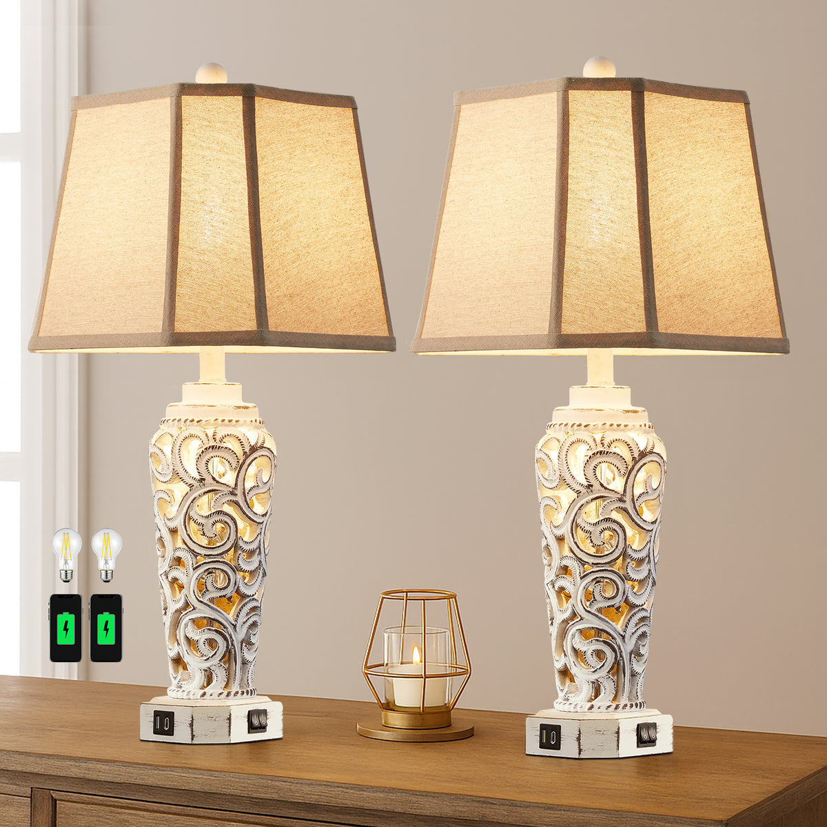 JUJUYUYOP 27" White Rustic Farmhouse Style Living Room Table Lamps Set of 2, Dual USB Charging Ports Ideal for Nightstands (Bulbs Included)