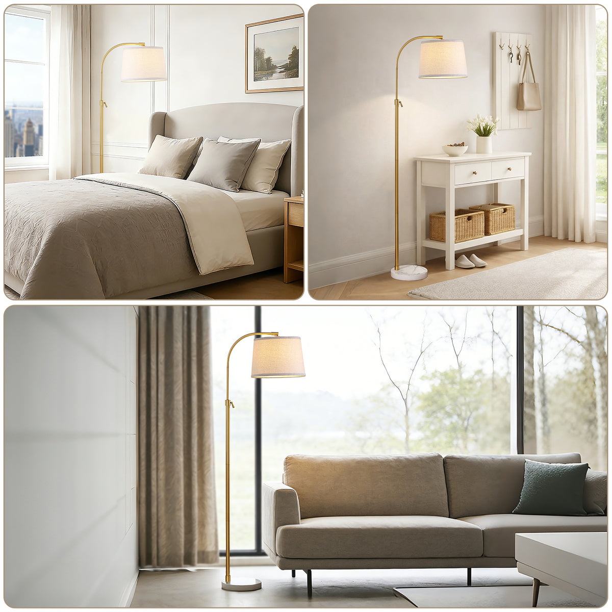RORIA Modern Gold Floor Lamps,54-64” Height Adjustable Curved Standing Lamp,With a Linen Shade, for Bedrooms, Living Room, and Offices