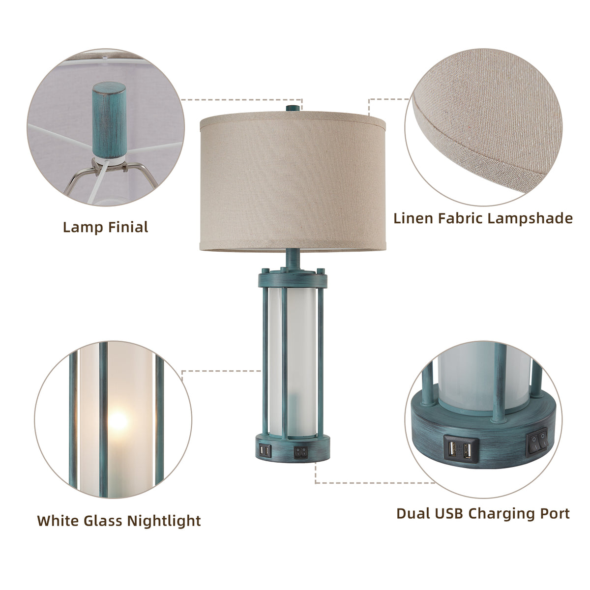 RORIA 24" Country-Style Table Lamps Set of 2, Featuring USB-C&A Ports, Metal Frame, and Glass Base, with Separate Night Light Function, for Bedrooms, Living room, and Offices.