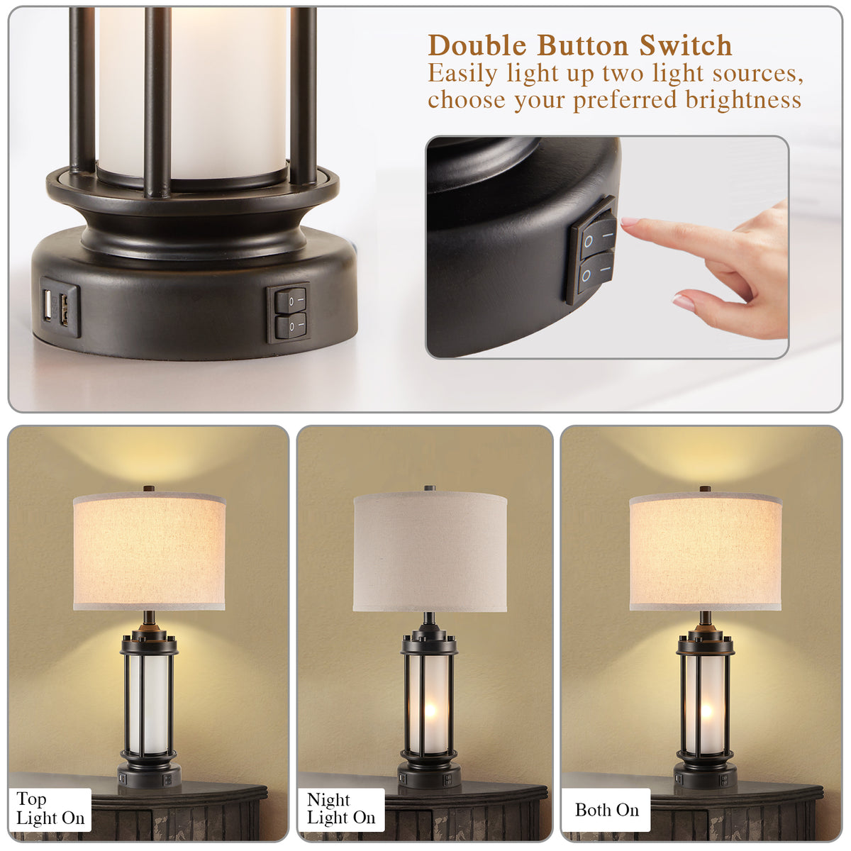 JUJUYUYOP 25" Rustic Living Room Farmhouse Table Lamp Set of 2, Featuring Dual Usb Charging Ports and Night Light Function, Ideal for Living Rooms or Bedside Tables in Bedrooms (Bulb Included)