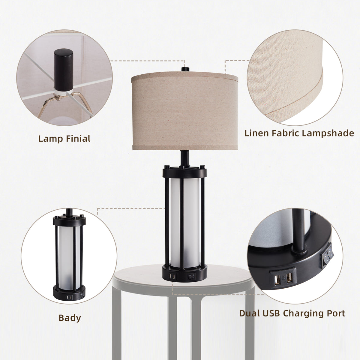 RORIA 24"Modern Living Room Table Lamps Set of 2, with Dual USB-C&A Charging Ports, Built-in Frosted White Glass Night Light, Black Retro Country Farmhouse Style, for Bedroom Bedside Lamps