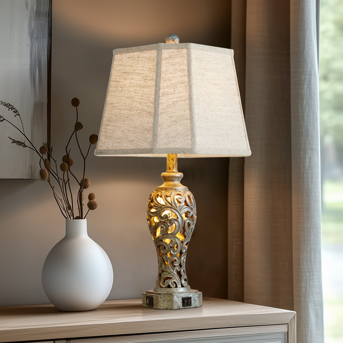 RORIA Set of 2 Table Lamps, 25” Farmhouse-Style Bedside Lamps with USB-A&C Charging Ports, Hollow Resin Base with Built-in Night Light,for Bedrooms, Living Room, and Offices