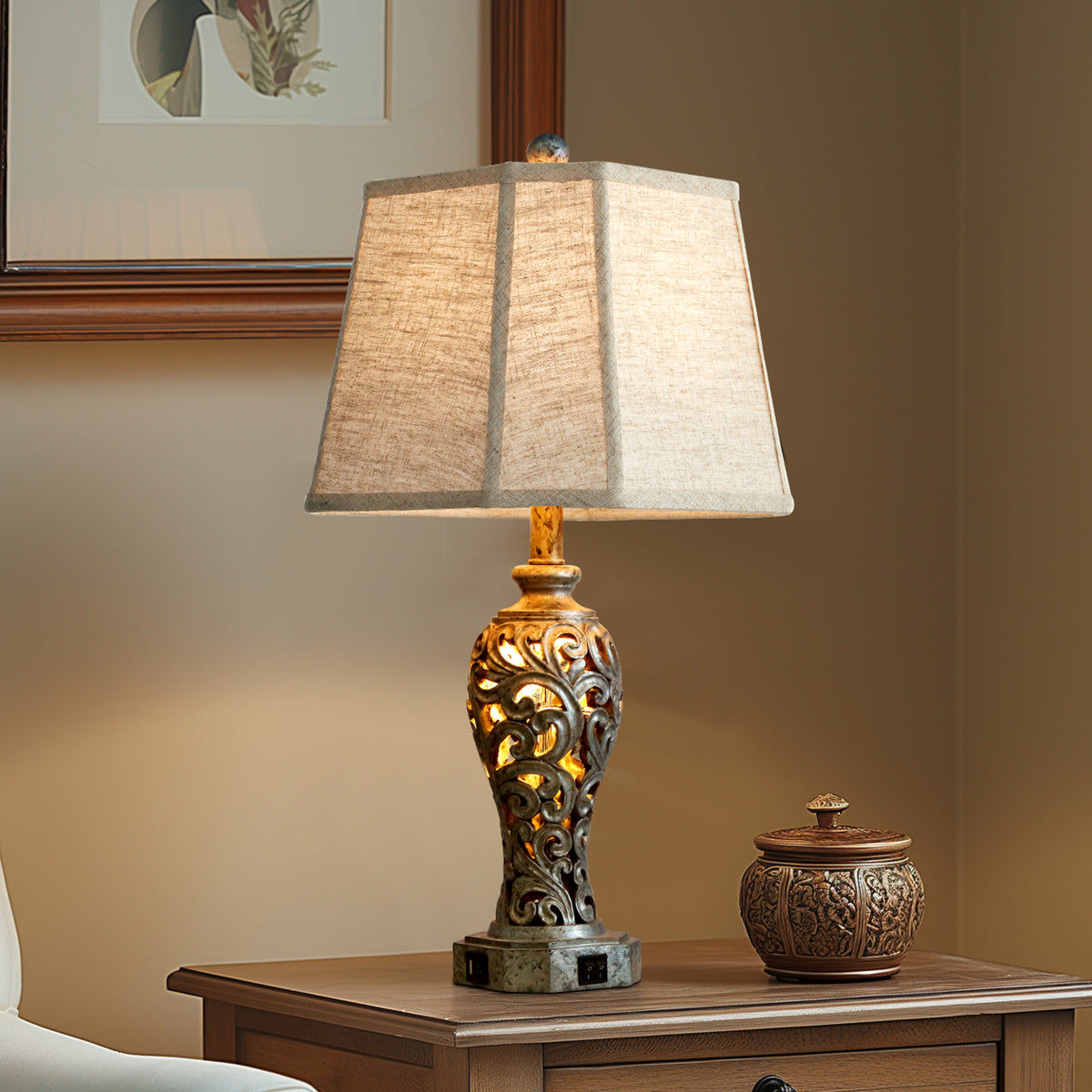 RORIA Set of 2 Table Lamps, 25” Farmhouse-Style Bedside Lamps with USB-A&C Charging Ports, Hollow Resin Base with Built-in Night Light,for Bedrooms, Living Room, and Offices