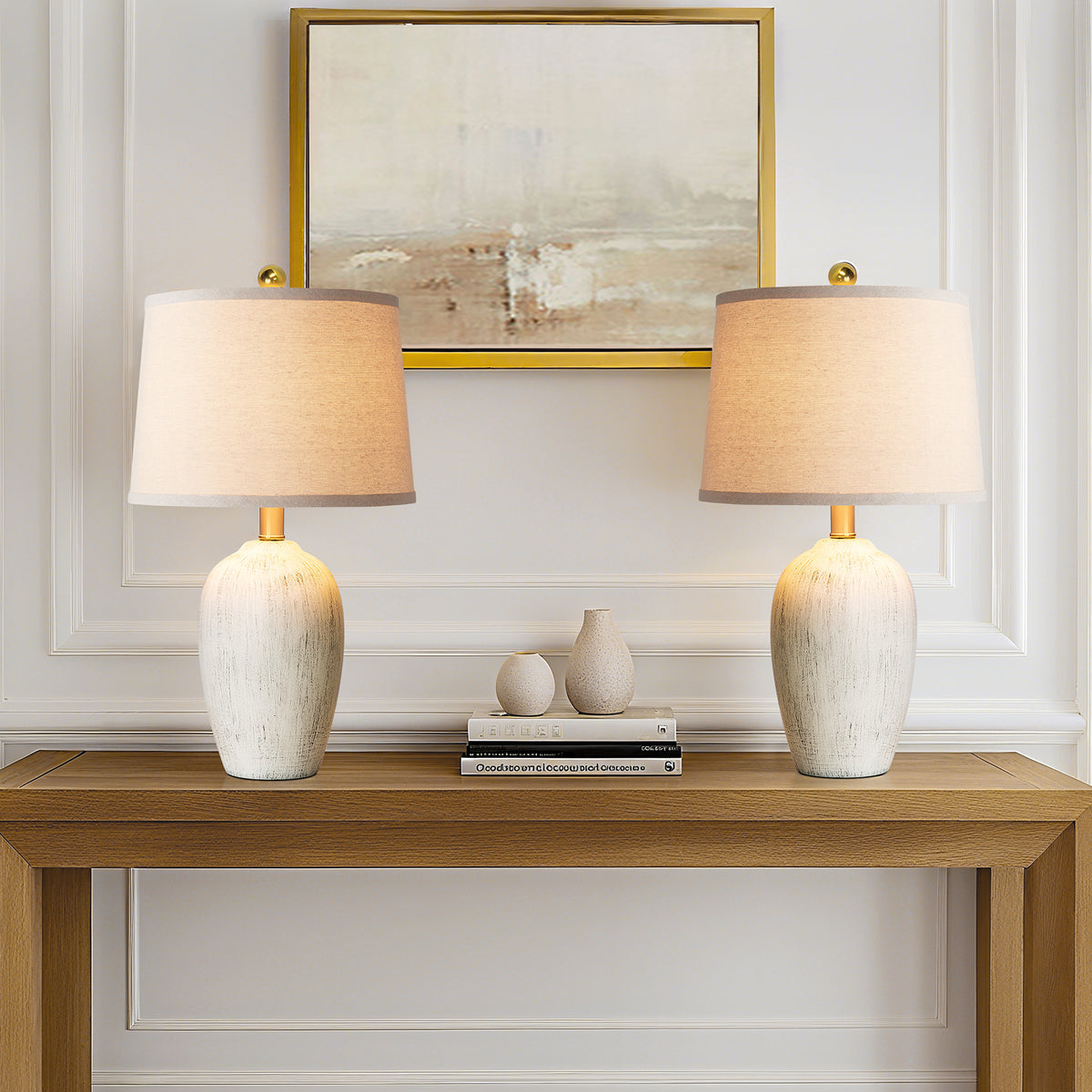 JUJUYUYOP 21" Linen Lampshade Off-White Ceramic Table Lamps Set of 2,Modern Bedside Lamps,for Living Room and Bedrooms(bulb included)