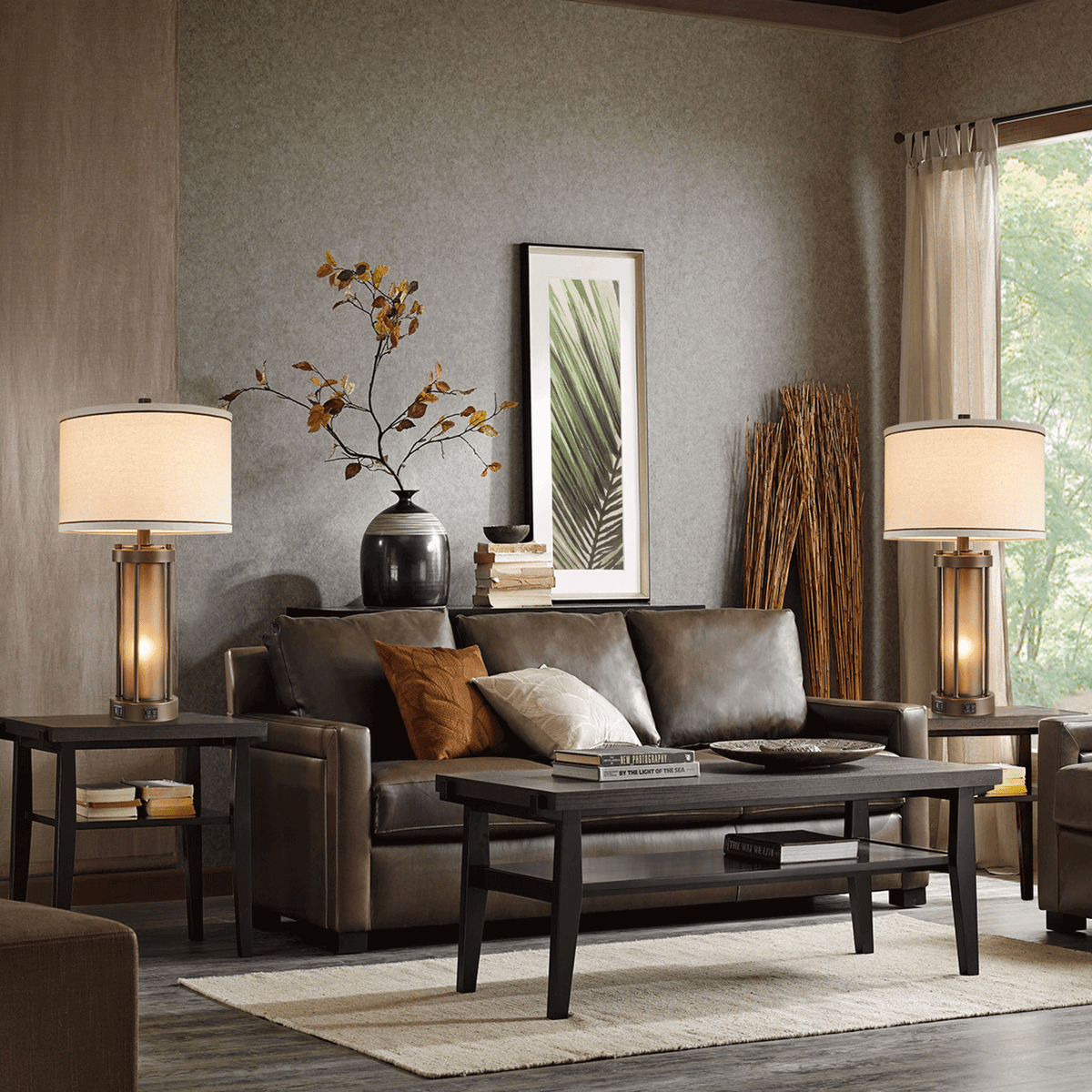 RORIA 24”Living Room Table Lamps Set of 2, Modern Farmhouse-Style Bedside Lamps, Featuring Dual USB-C&A Charging Ports and a Night Light Function, for Bedroom Nightstands