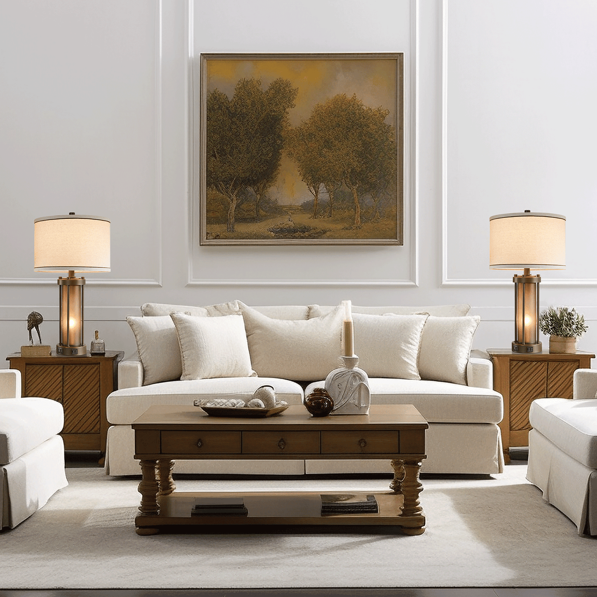 RORIA 24”Living Room Table Lamps Set of 2, Modern Farmhouse-Style Bedside Lamps, Featuring Dual USB-C&A Charging Ports and a Night Light Function, for Bedroom Nightstands