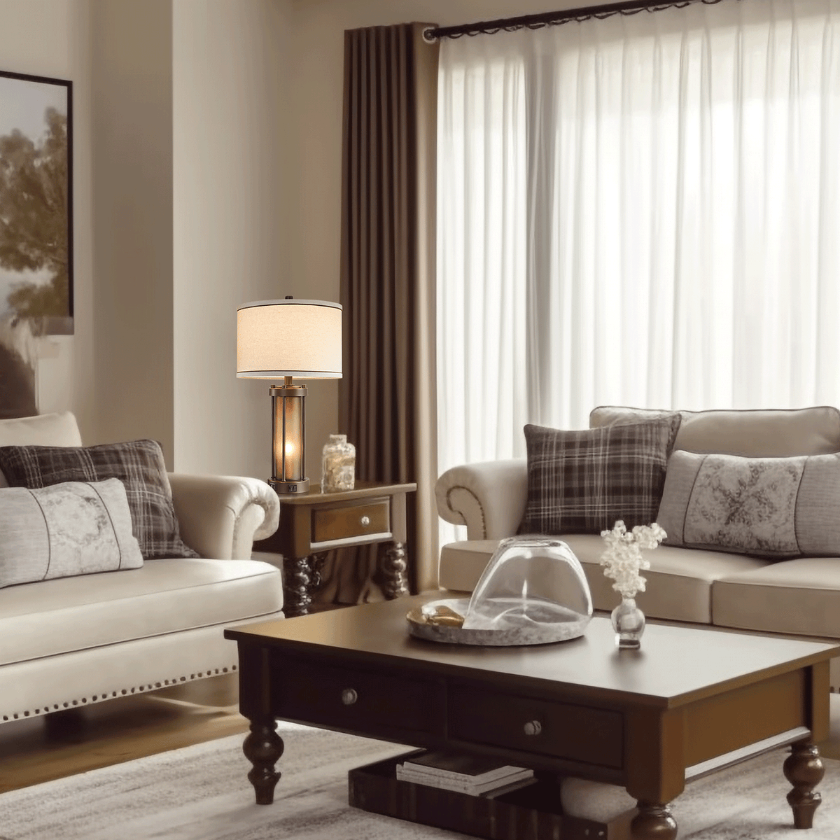 RORIA 24”Living Room Table Lamps Set of 2, Modern Farmhouse-Style Bedside Lamps, Featuring Dual USB-C&A Charging Ports and a Night Light Function, for Bedroom Nightstands