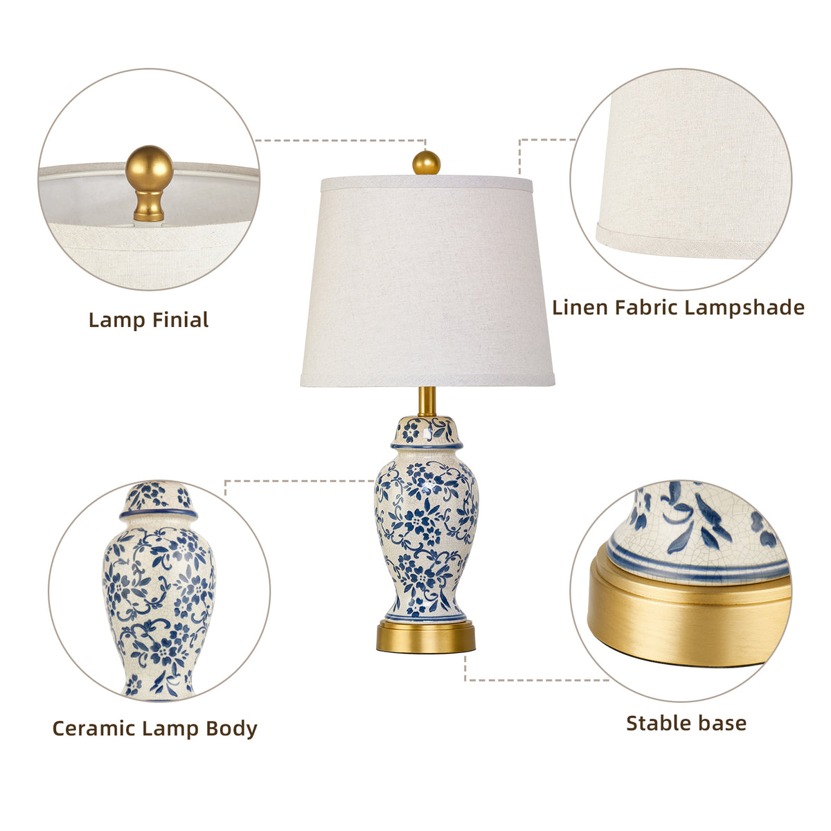 RORIA 22" Classic Blue and White Porcelain Table Lamps Set of 2, Rustic Farmhouse-Style Bedside Lamp, for Living Room or Bedroom Nightstand