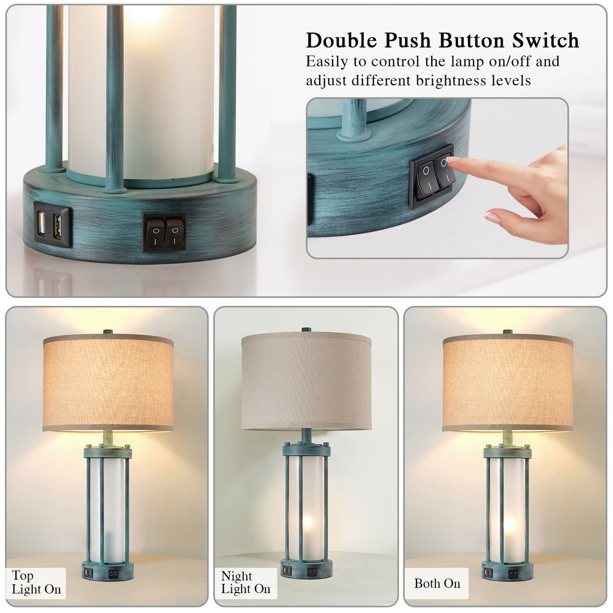 RORIA 24" Country-Style Table Lamps Set of 2, Featuring USB-C&A Ports, Metal Frame, and Glass Base, with Separate Night Light Function, for Bedrooms, Living room, and Offices.