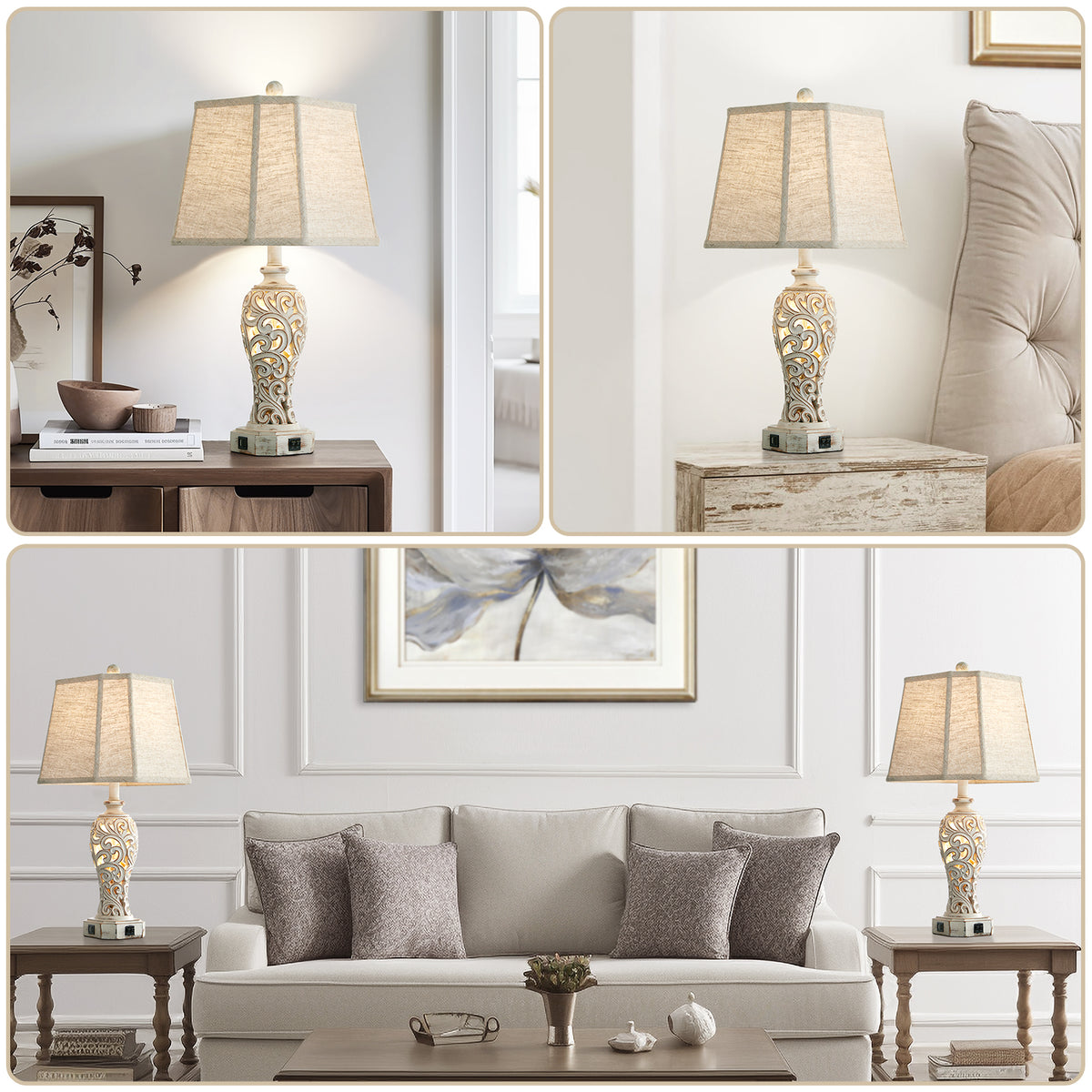 RORIA 25" Living Room Table Lamps Set of 2, Hollow Resin Farmhouse Rustic Bedside Lamp with 2 USB Charging Ports and Night Light, for Bedroom Nightstands