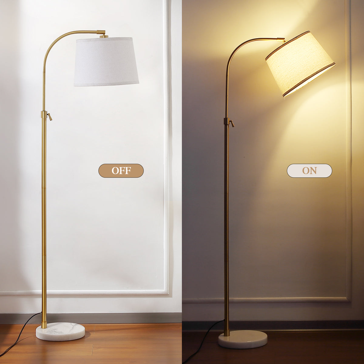 RORIA Modern Gold Floor Lamps,54-64” Height Adjustable Curved Standing Lamp,With a Linen Shade, for Bedrooms, Living Room, and Offices