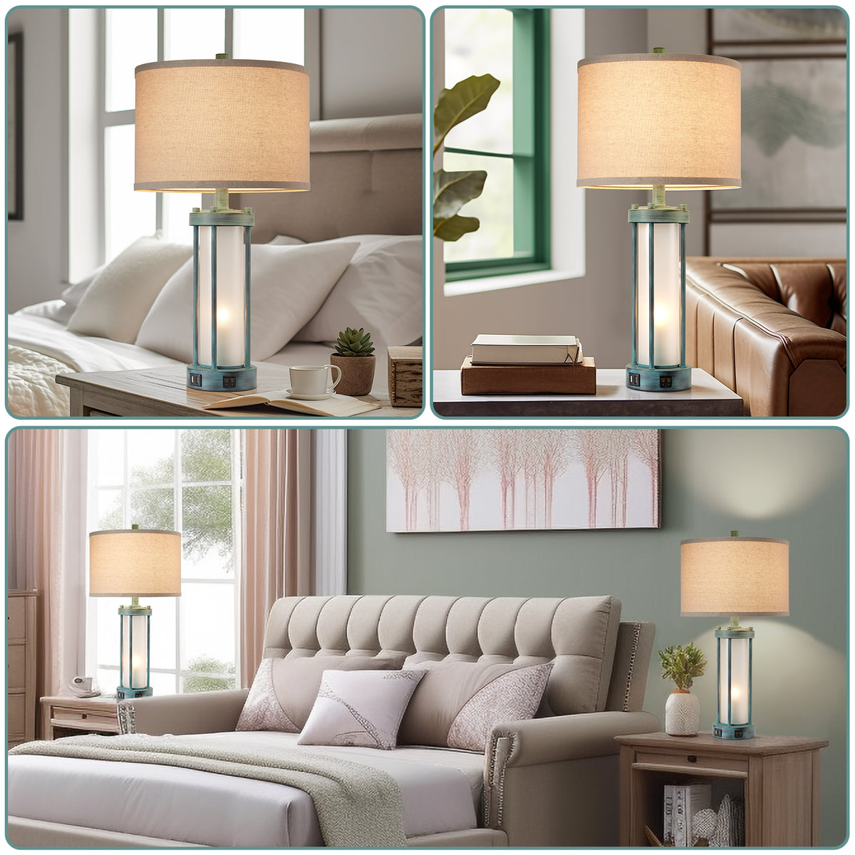 RORIA 24" Country-Style Table Lamps Set of 2, Featuring USB-C&A Ports, Metal Frame, and Glass Base, with Separate Night Light Function, for Bedrooms, Living room, and Offices.
