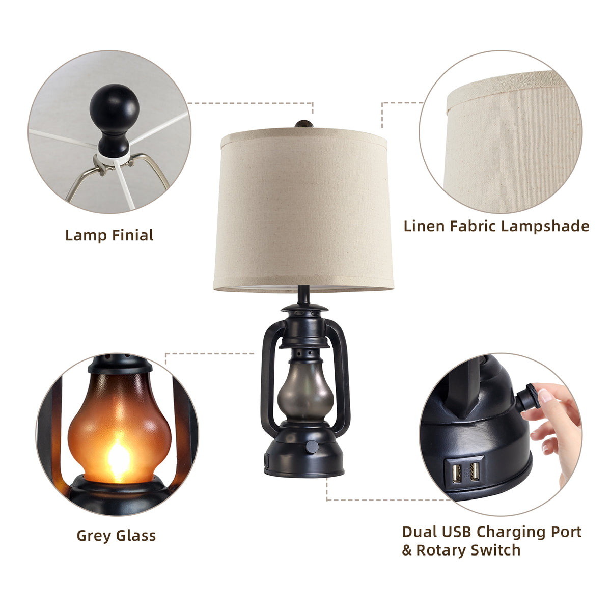 JUJUYUYOP 22" Farmhouse Lantern Table Lamps Set of 2 with Dual USB Charging Ports, for Living Room and Bedrooms, Includes 4 Bulbs