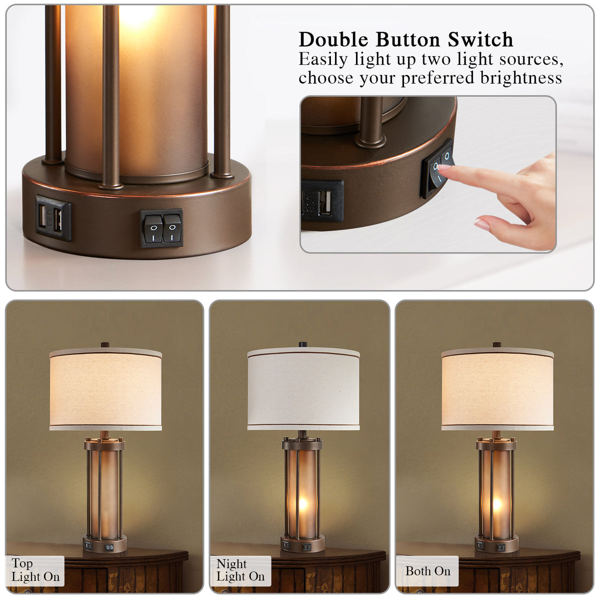 RORIA 24”Living Room Table Lamps Set of 2, Modern Farmhouse-Style Bedside Lamps, Featuring Dual USB-C&A Charging Ports and a Night Light Function, for Bedroom Nightstands