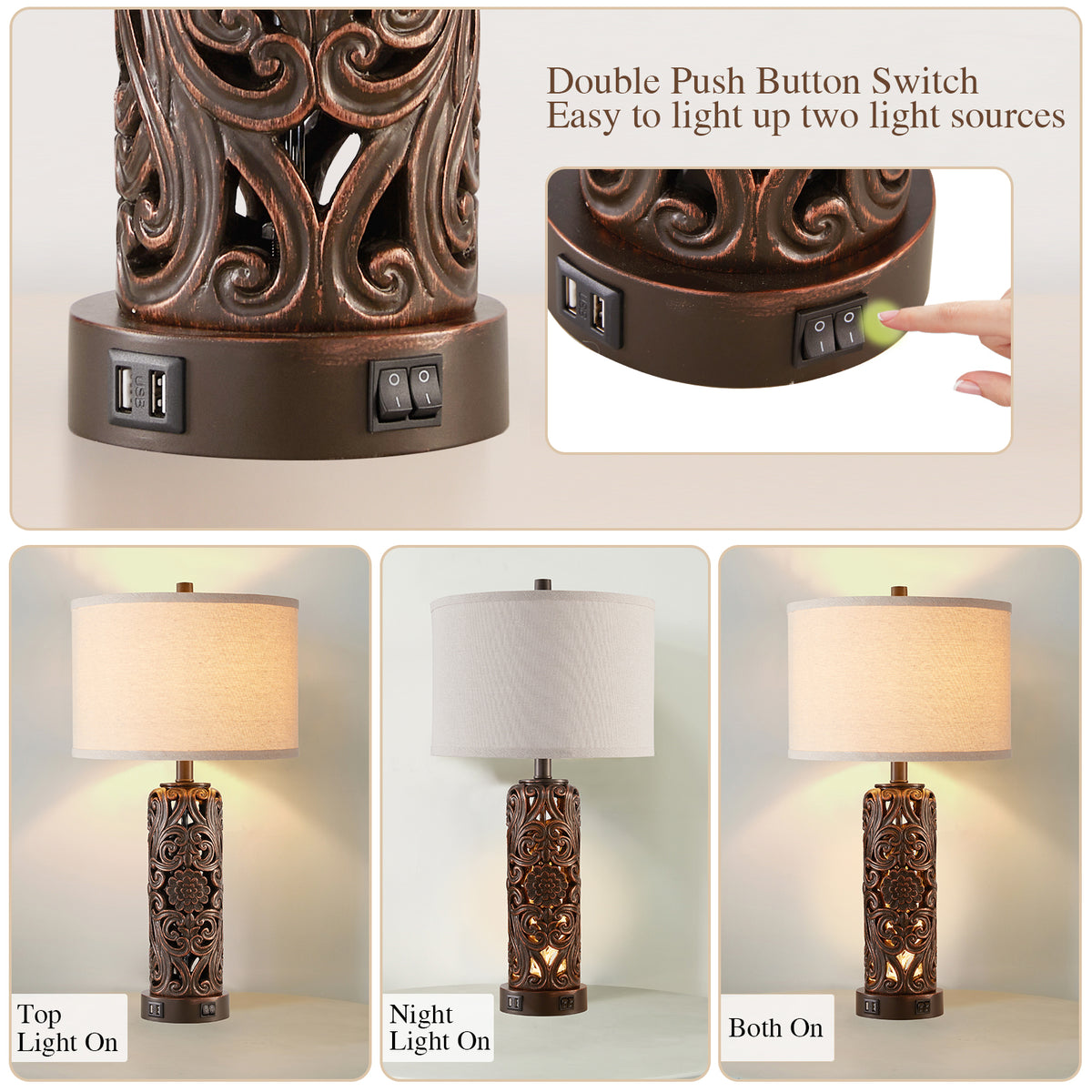 RORIA Set of 2 25" Farmhouse Table Lamps with USB-C&A Ports, Linen Shade, Hollow Resin Base with Independent Night Light, for Bedroom Living Room
