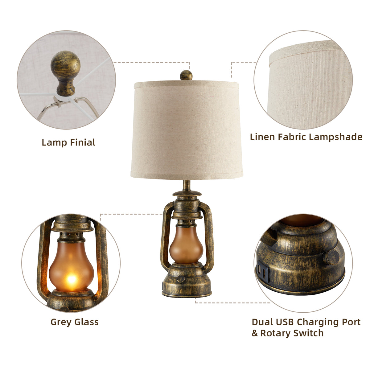 JUJUYUYOP 22" Farmhouse Rustic Lantern Table Lamps Set of 2, Featuring Dual USB Charging Ports, for Living Room, Bedrooms, and Study Areas, Includes 4 Bulbs