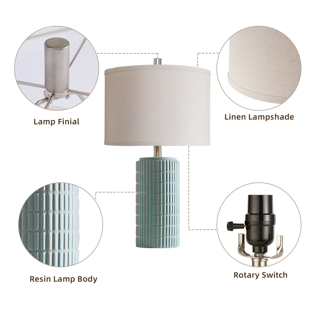 RORIA 23" Light Blue Table Lamps Set of 2, Modern Ceramic Bedside Lamps,with Round Linen Shades, for Bedrooms, Living Room, and Offices.