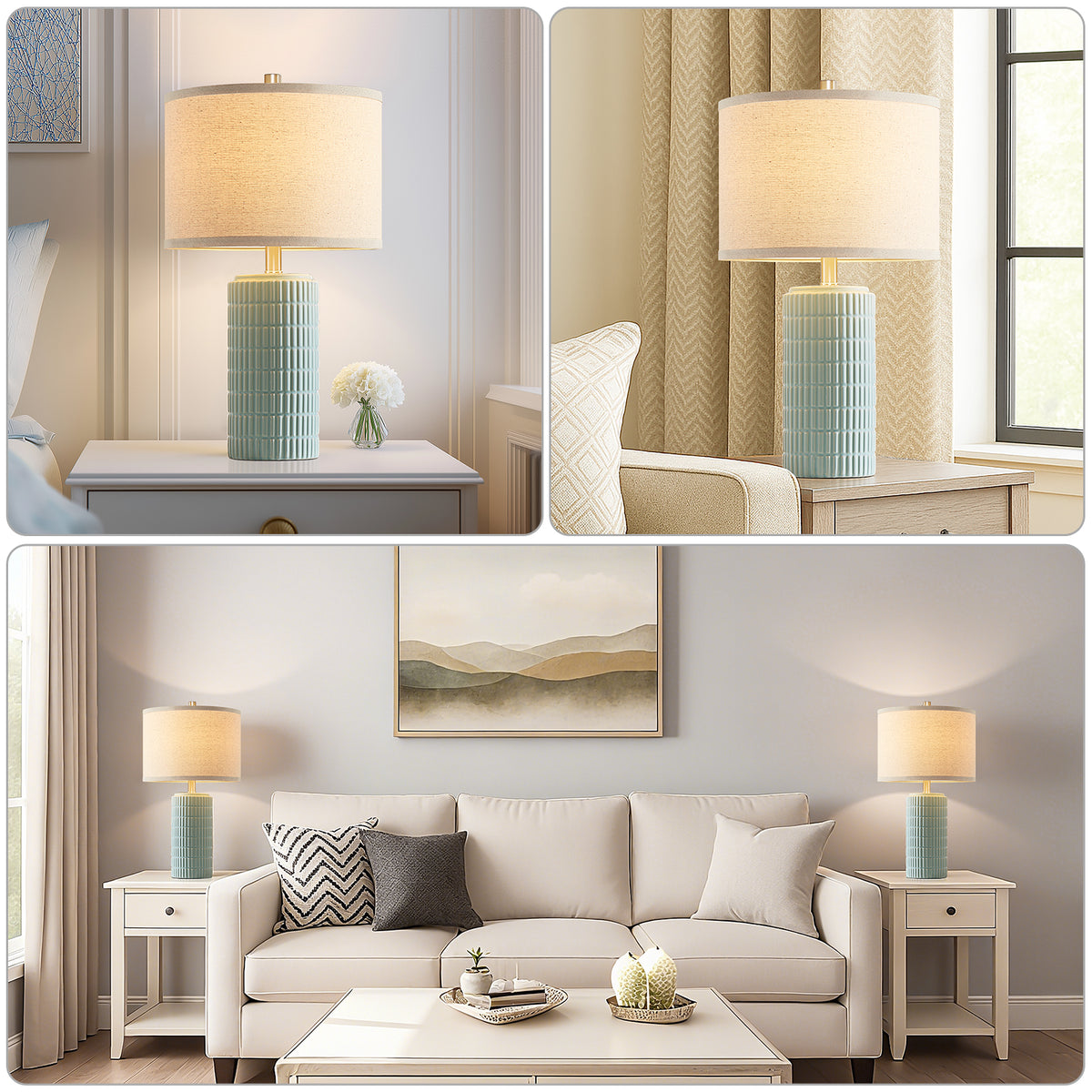 RORIA 23" Light Blue Table Lamps Set of 2, Modern Ceramic Bedside Lamps,with Round Linen Shades, for Bedrooms, Living Room, and Offices.