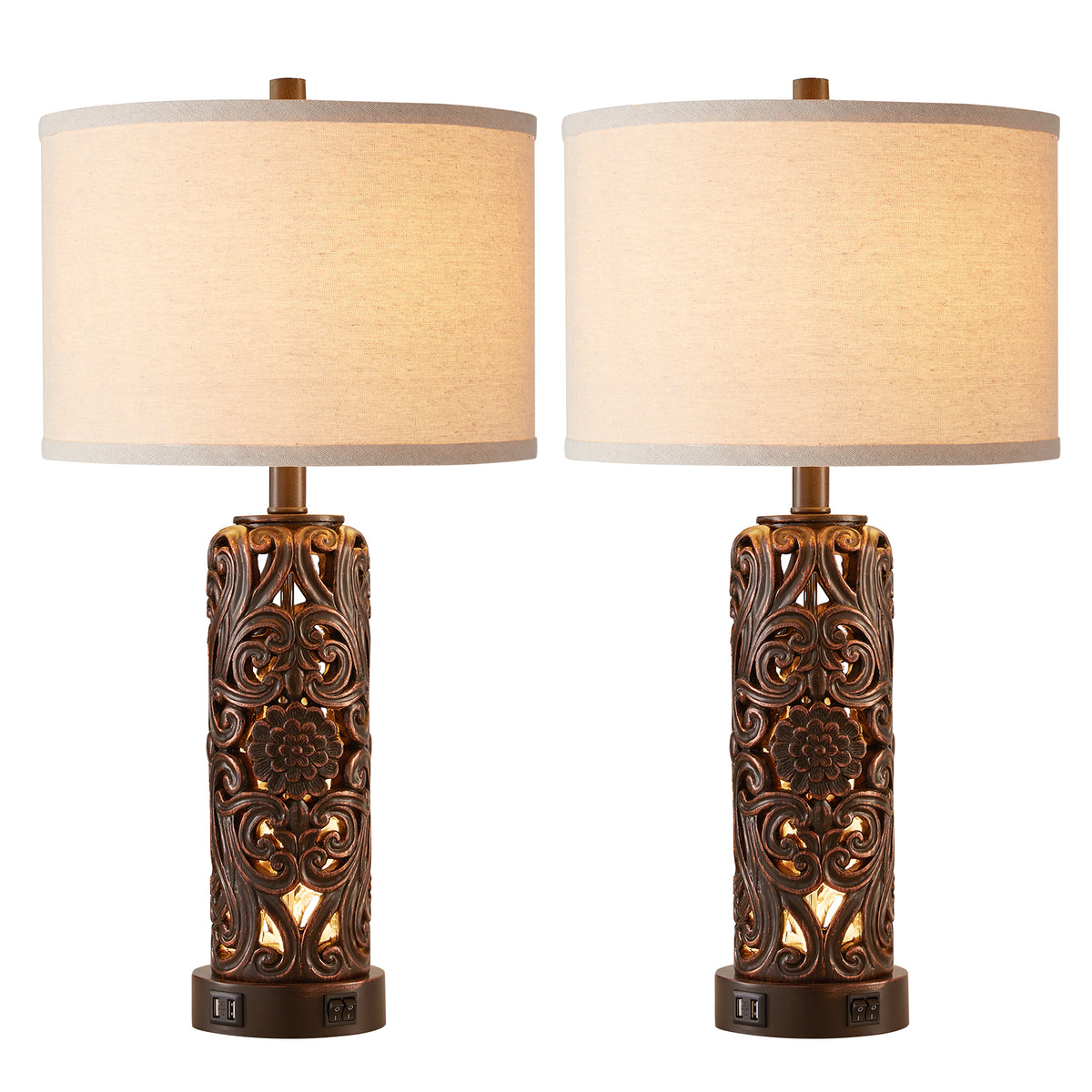 RORIA Set of 2 25" Farmhouse Table Lamps with USB-C&A Ports, Linen Shade, Hollow Resin Base with Independent Night Light, for Bedroom Living Room