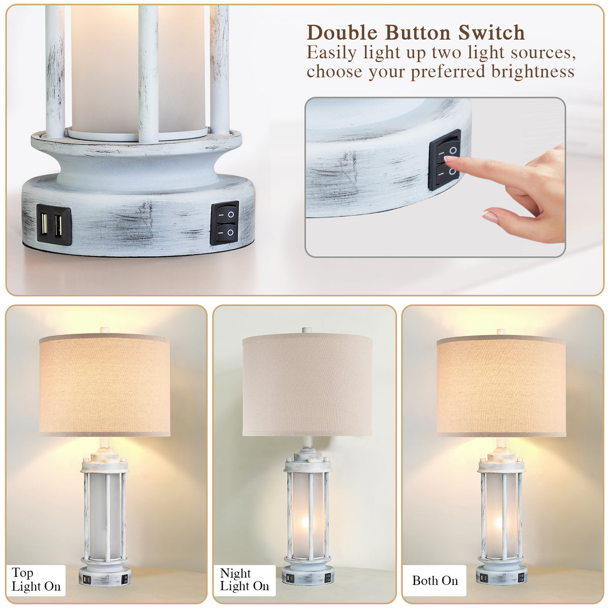 JUJUYUYOP 25"Modern Farmhouse-Style Living Room Table Lamps Set of 2, with Dual USB Charging Ports and Night Light, Ideal for Bedroom Nightstands and Entryways (Bulbs Included)