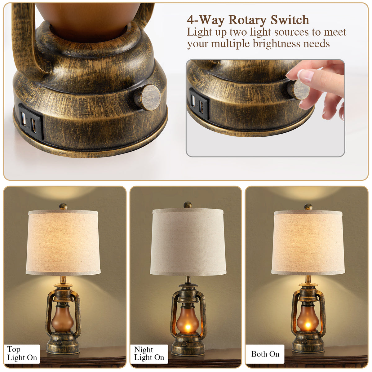 JUJUYUYOP 22" Farmhouse Rustic Lantern Table Lamps Set of 2, Featuring Dual USB Charging Ports, for Living Room, Bedrooms, and Study Areas, Includes 4 Bulbs