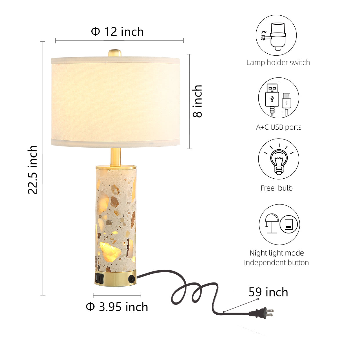 22.5″ Decorative Translucent Stone Table Lamps With Independent Night Light & Dual USB-A+C Charging Ports