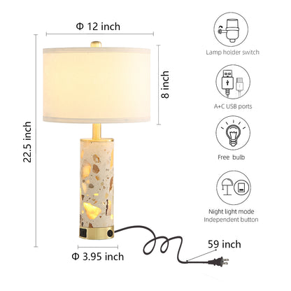 22.5″ Decorative Translucent Stone Table Lamps With Independent Night Light & Dual USB-A+C Charging Ports