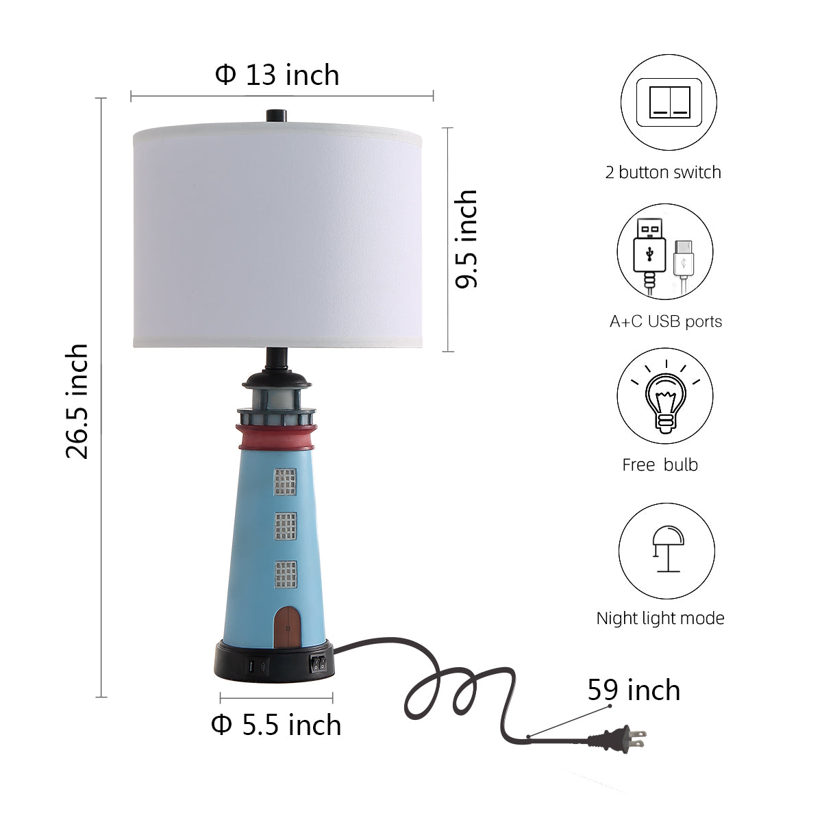 Set Of 2 Lighthouse Table Lamps With Night Light, Coastal Nautical Bedside Lamp With USB Ports & Free Bulbs, Blue Resin Base