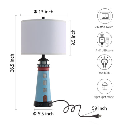 Set Of 2 Lighthouse Table Lamps With Night Light, Coastal Nautical Bedside Lamp With USB Ports & Free Bulbs, Blue Resin Base