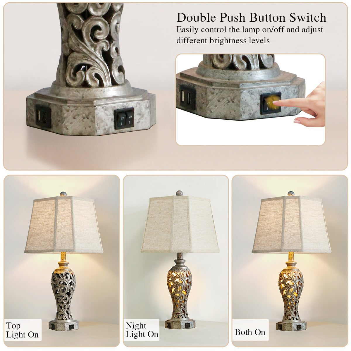 RORIA Set of 2 Table Lamps, 25” Farmhouse-Style Bedside Lamps with USB-A&C Charging Ports, Hollow Resin Base with Built-in Night Light,for Bedrooms, Living Room, and Offices