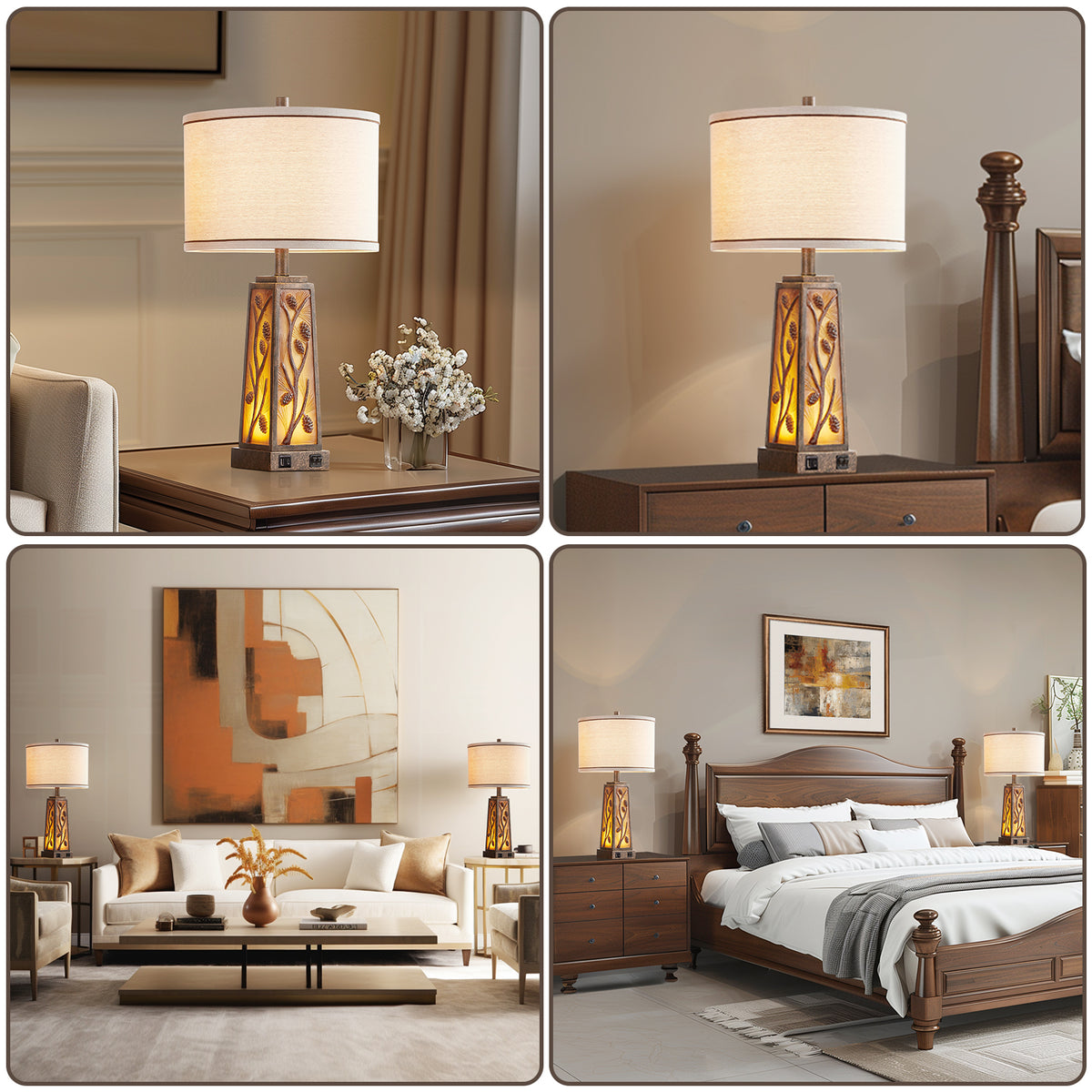 RORIA 25” Living Room Table Lamps Set of 2 With Dual USB Charging Ports and Night Light, Modern Farmhouse Style, Amber Resin Base, for Bedroom Bedside Lamps
