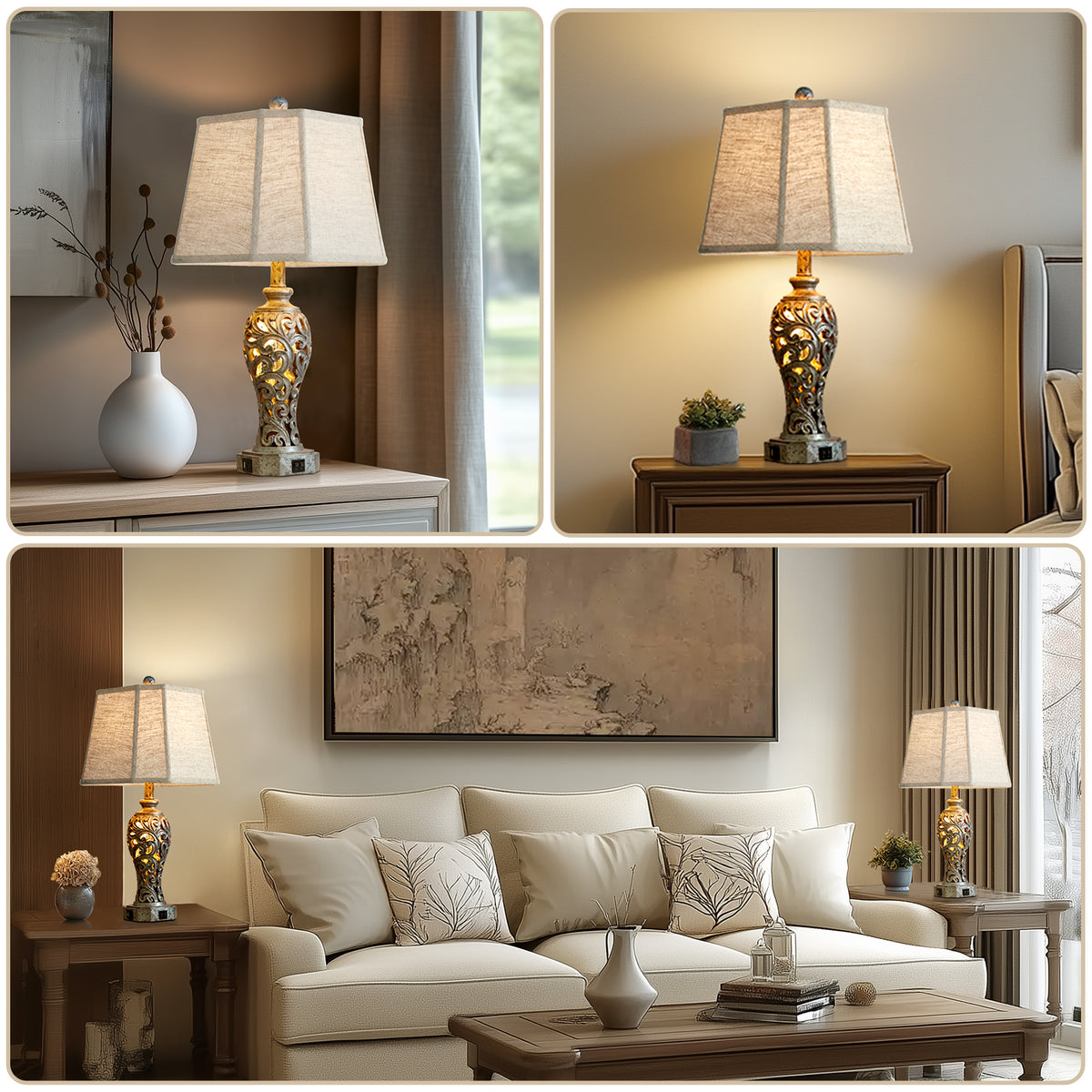RORIA Set of 2 Table Lamps, 25” Farmhouse-Style Bedside Lamps with USB-A&C Charging Ports, Hollow Resin Base with Built-in Night Light,for Bedrooms, Living Room, and Offices
