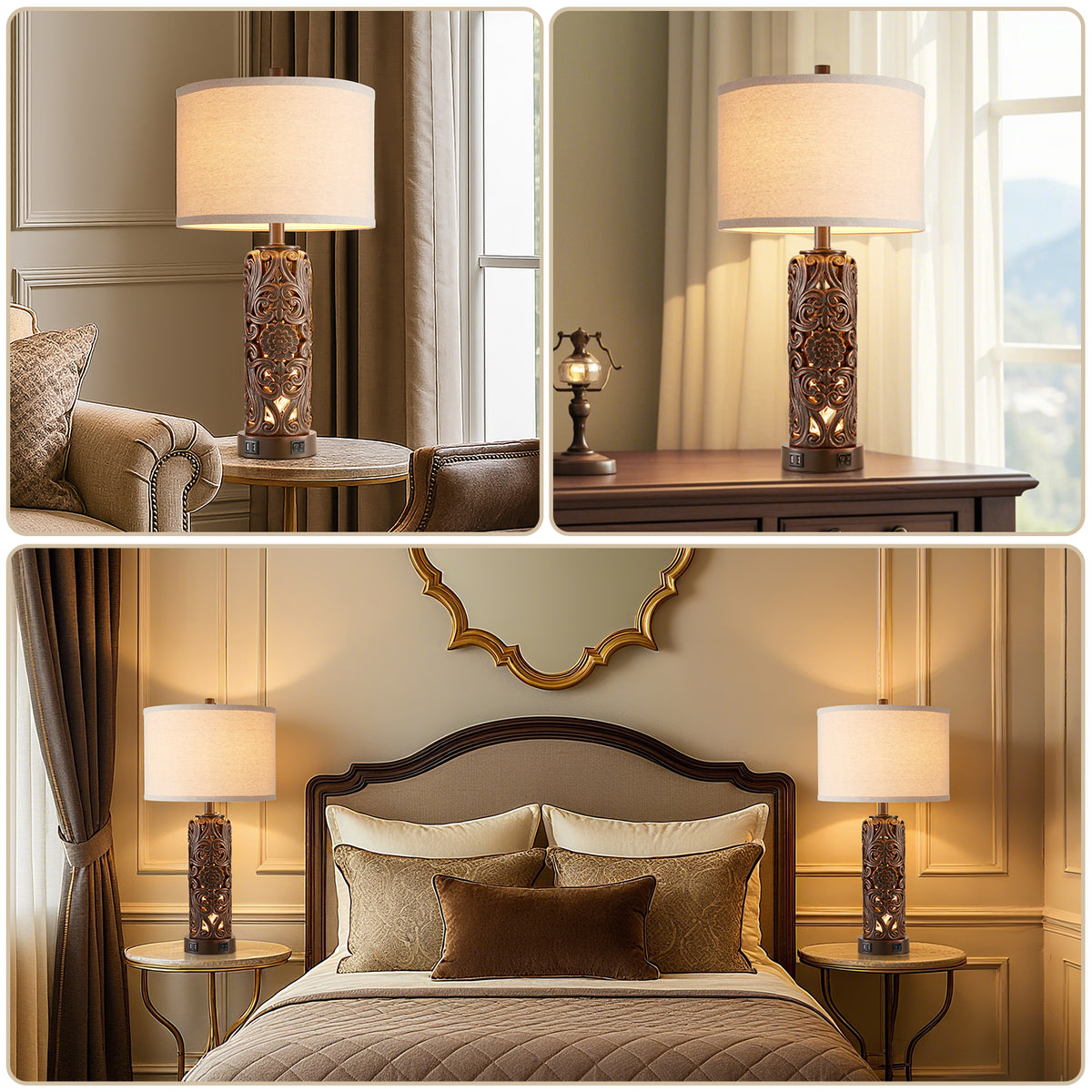 RORIA Set of 2 25" Farmhouse Table Lamps with USB-C&A Ports, Linen Shade, Hollow Resin Base with Independent Night Light, for Bedroom Living Room