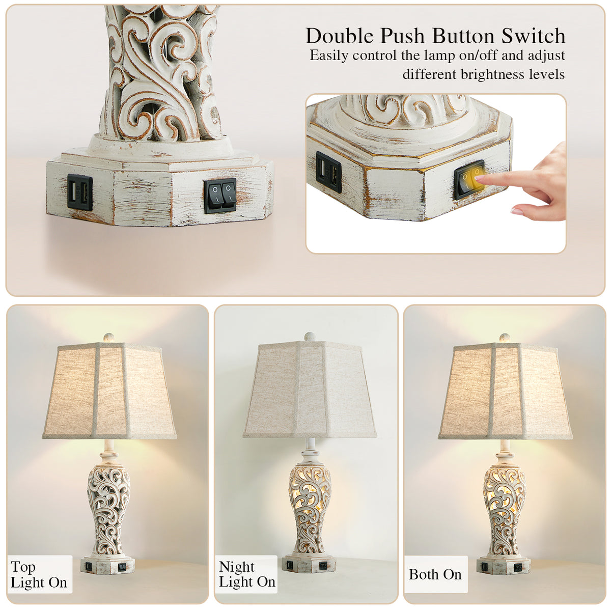 RORIA 25" Living Room Table Lamps Set of 2, Hollow Resin Farmhouse Rustic Bedside Lamp with 2 USB Charging Ports and Night Light, for Bedroom Nightstands